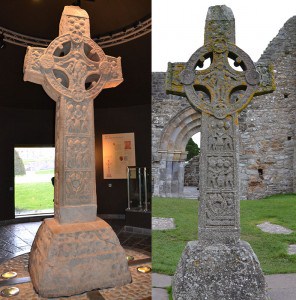 Celtic High Cross of Scriptures at Clonmacnoise - on the left is the original, on the right is the replica in its original location. - The Irish Place