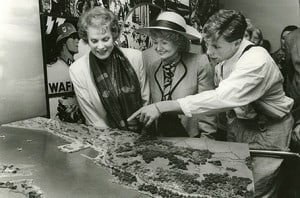 Accompanied by her grandson Conor Beau Fitzsimons and US ambassador Margaret Heckler, Maureen O'Hara at the opening of the Flying Boat Museum in 1989 - The Irish Place