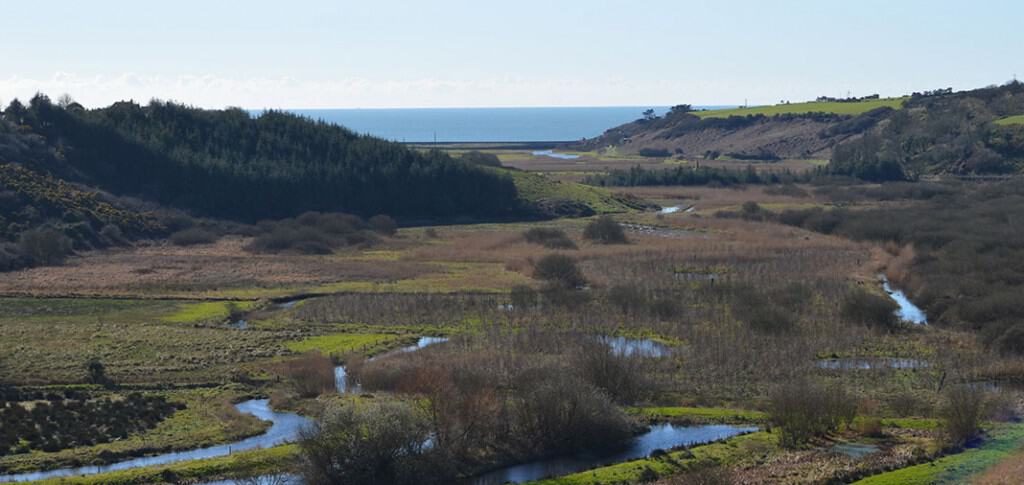 The spectacular seaward view from Dunhill Castle over the Anne Valley showing the River Anne meandering towards the sea - The Irish Place