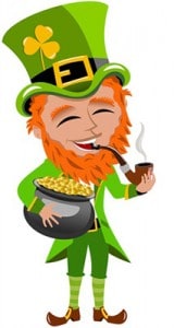 Leprachaun smoking and holding legendary pot of gold - The Irish Place