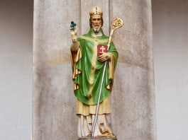 A statue of St Patrick holding a Shamrock in his right hand with some snakes at this feet - The Irish Place