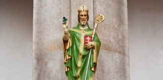 A statue of St Patrick holding a Shamrock in his right hand with some snakes at this feet - The Irish Place