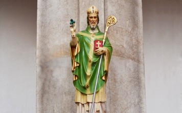 A statue of St Patrick holding a Shamrock in his right hand with some snakes at this feet - The Irish Place