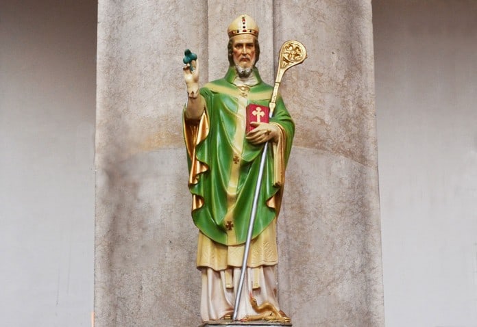 A statue of St Patrick holding a Shamrock in his right hand with some snakes at this feet - The Irish Place