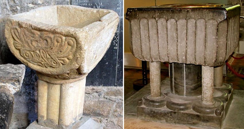 12th/13th century Baptismal Fonts - the left hand side one is from Inchiologhan Church (also known as Inchiholohan), the font on the right is known as the Ossory Font and was broken by Cromwell's soldiers after their horses had finished drinking from it. - The Irish Place