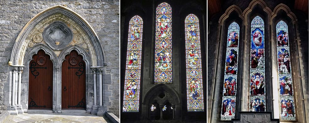 St. Canice's Cathedral - The Irish Place - The splendid west facing Gothic Doorway along with the Stained Glass Windows, West end (middle) and East end over the Alter (right). - The Irish Place