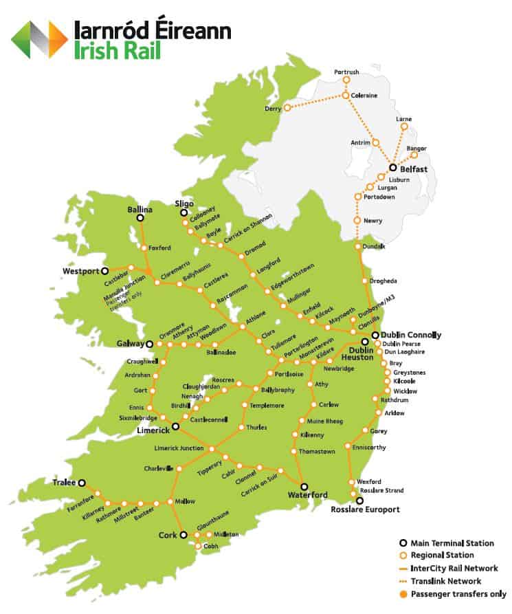 Public Transport in Ireland, Ireland train intercity route map