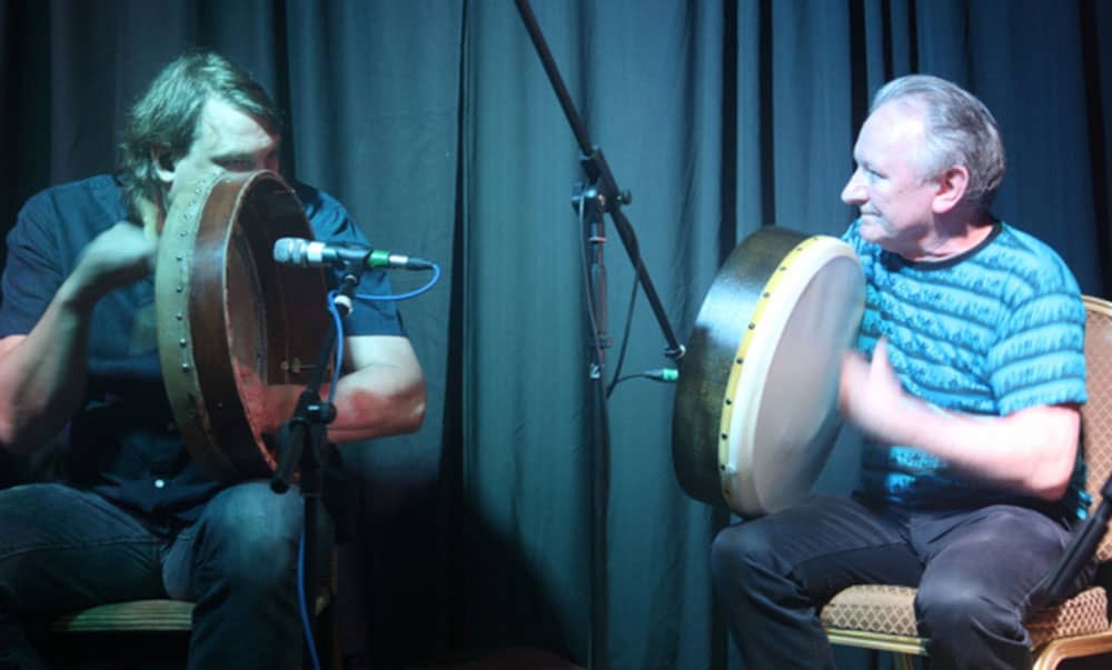 Donnchadh Gough of Danu and Dónal Lunny a founding member of both Planxty and The Bothy Band performing at the Dungarvan 2015 TradFest. Photo: Bob Singer - The Irish Place