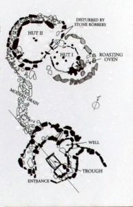 A diagram showing the layout and basic structure of the two joined stone huts and the cooking pit (Fulacht Fiadh) at the Drombeg Stone Circle - The Irish Place