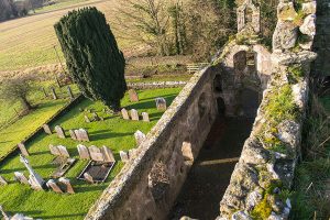 View from the top of the Bell Tower over the remains of Kilfane Church - The Irish Place