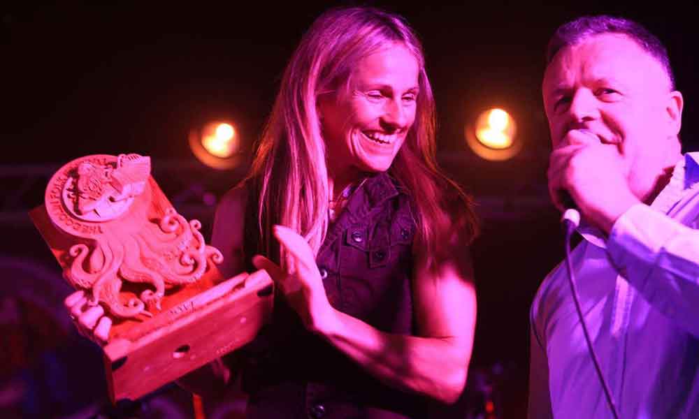 Sharon Shannon receiving the Lifetime Achievement award from Eoin O'Neill at the Doolin Folk Festival, 2017 - #doolinfest